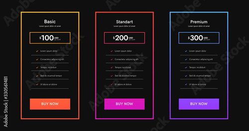 Set of tariffs for website. Pricing table ui web banner. Price list columns vector design.