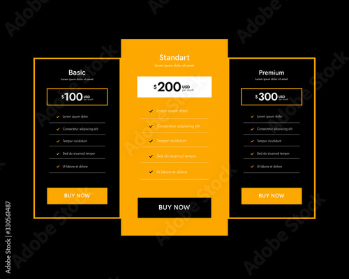 Collection of pricing plans for app and website. Tables with tariffs. Ui colums, web elements.