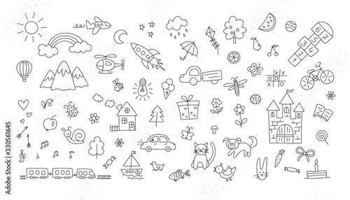 A set of children drawings. Kid doodle. Sun and rainbow over the mountains  knight castle  the boat on the waves and other objects. Vector illustration. Editable stroke