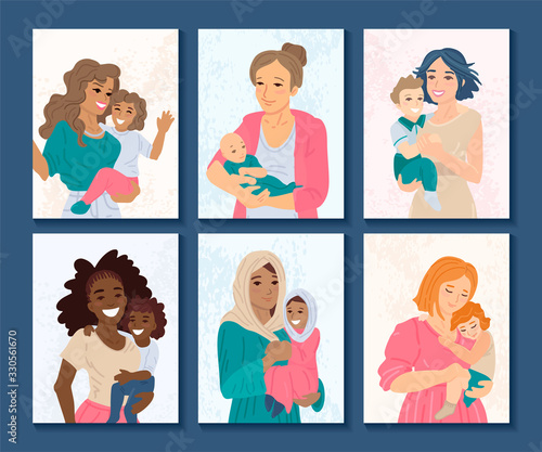 Cards with mothers of different nationalities and babies. Vector illustration