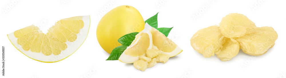 pomelo with slice and leaf isolated on white background. Set or collection