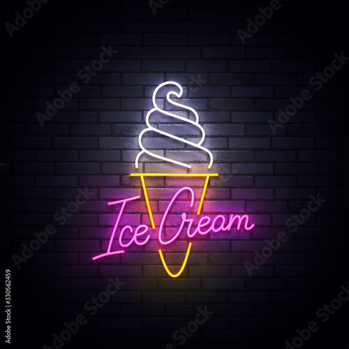 Ice Cream neon sign, bright signboard, light banner. Ice Cream logo neon, emblem and label. Vector illustration