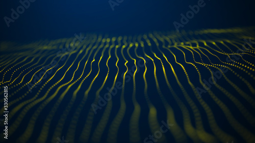 Wave 3d. Yellow wave on a blue background. Big data visualization. Data technology abstract futuristic illustration. 3d rendering.