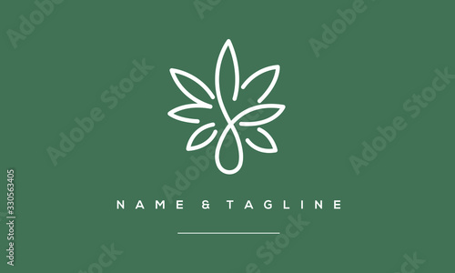 A line art icon logo of a cannabis with oil drop 