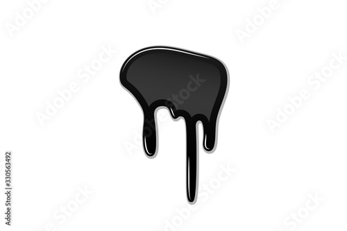 Drip paint 3D. Ink stain. Drop melt liquid isolated on white background. Splash of chocolate, oil, blood. Black graffiti. Splatter syrup, candy sauce, caramel. Vector illustration