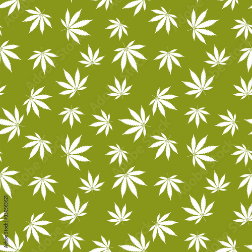 Cannabis seamless pattern. Marijuana leaf, white weed plant. Hashish texture, isolated green background. Hemp psychedelic grass. Fabric print for medical wallpaper. Simple design Vector illustration