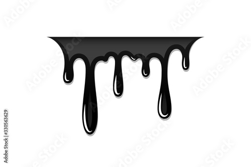Drip paint 3D. Ink stain. Drop melt liquid isolated on white background. Splash of chocolate, oil, blood. Black graffiti. Splatter syrup, candy sauce, caramel. Vector illustration