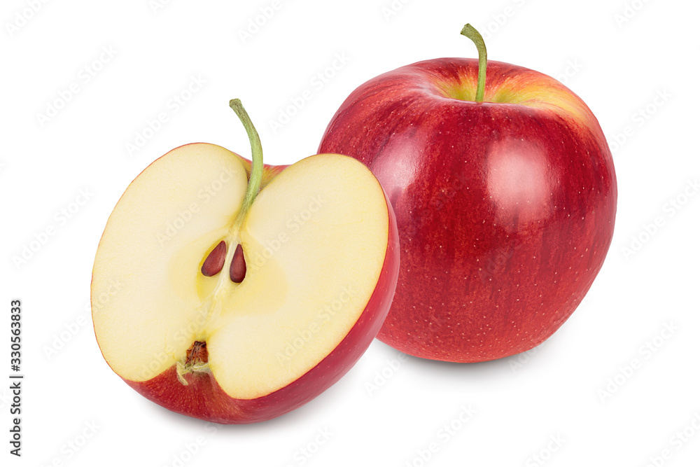 Red apple with half isolated on white background with clipping path and full depth of field Red apple with half isolated on white background with clipping path and full depth of field