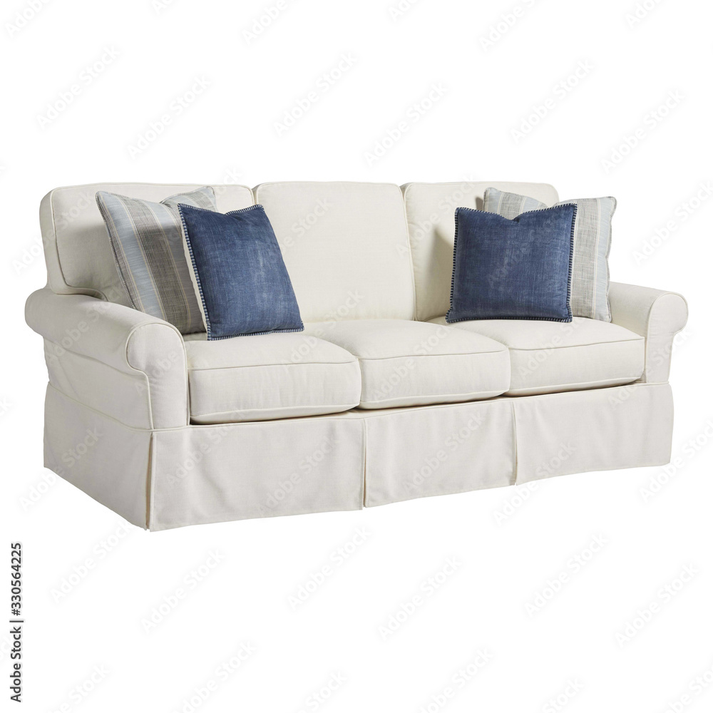Sofa Couch Isolated on White. Three Seater Couch with 4 Accent Scatter Pillows & Large Bolster
