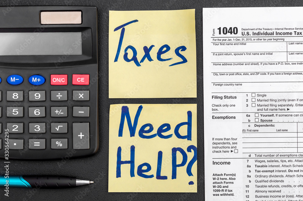 Need help and taxes text on stickers with tax form and calculator