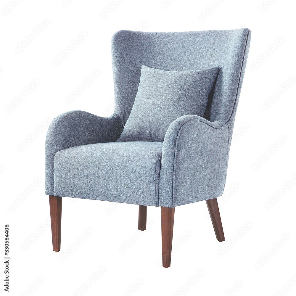 Upholstered Accent Chair Isolated on White. Modern Light Blue Wingback Club  Armchair with Pillow Upholstered Wing Armrests and Wooden Feet Side View.  Interior Furniture. Turquoise Sofa Set Stock Photo | Adobe Stock