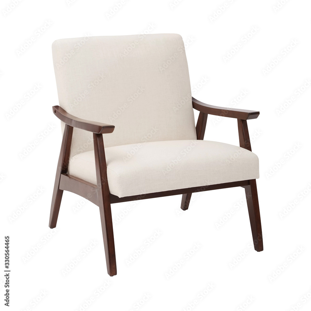 White Cream Lounge Chair Isolated on White Background. Modern Upholstered  Living Room Armchair with Solid Wood Frame Construction. Modern Beige Arm  Chair with Wood Armrests. Wooden Lounge Chair Side foto de Stock