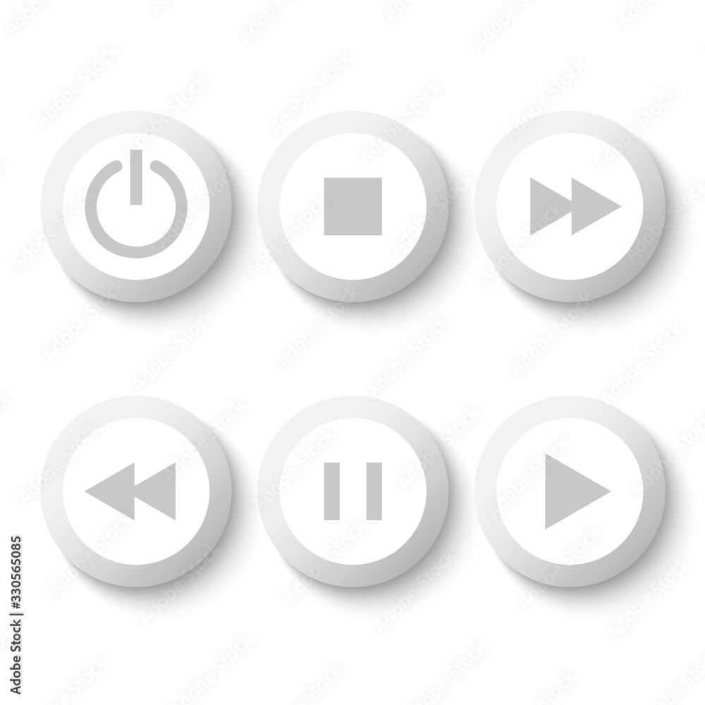 White buttons: stop, play, pause, rewind, fast forward, power. Vector illustration. White buttons: stop, play, pause, rewind, fast forward, power. Vector illustration.