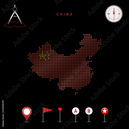 Dotted vector map of China painted in the national flag colors. Waving flag effect. Map tools icon set