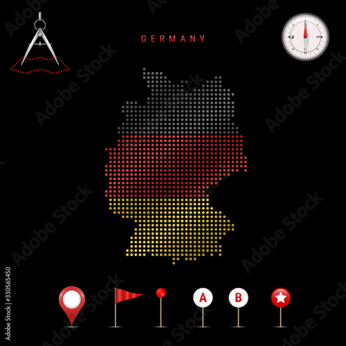 Dotted vector map of Germany painted in the national flag colors. Waving flag effect. Map tools icon set