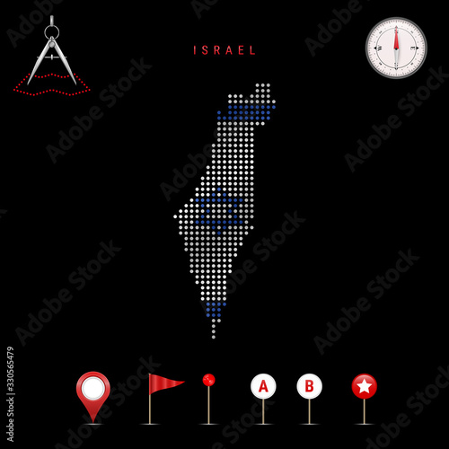 Dotted vector map of Israel painted in the national flag colors. Waving flag effect. Map tools icon set