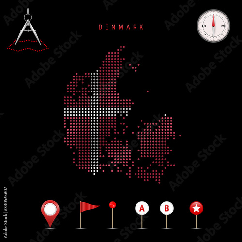 Dotted vector map of Denmark painted in the national flag colors. Waving flag effect. Map tools icon set