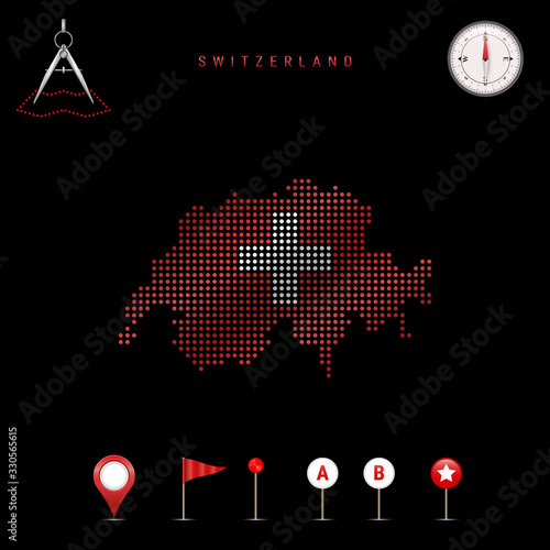 Dotted vector map of Switzerland painted in the national flag colors. Waving flag effect. Map tools icon set