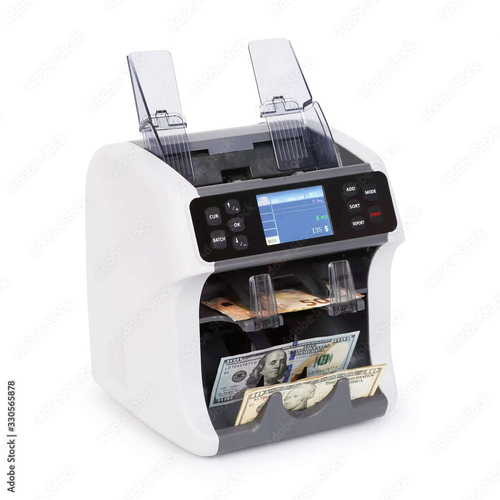Currency Counter Machine Isolated White. Fully Electronic US Dollar