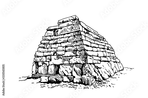Graphical sketch of taula isolated on white background,vector illustration of megalith, sightseeing,Spain