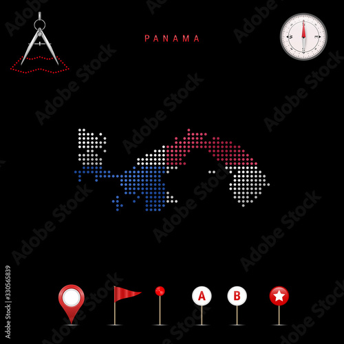 Dotted vector map of Panama painted in the national flag colors. Waving flag effect. Map tools icon set