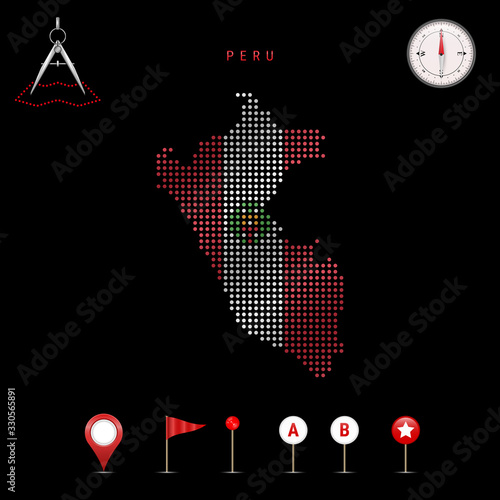 Dotted vector map of Peru painted in the national flag colors. Waving flag effect. Map tools icon set