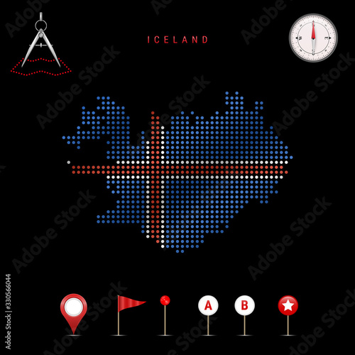 Dotted vector map of Iceland painted in the national flag colors. Waving flag effect. Map tools icon set