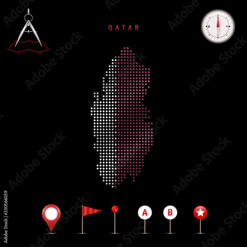 Dotted vector map of Qatar painted in the national flag colors. Waving flag effect. Map tools icon set