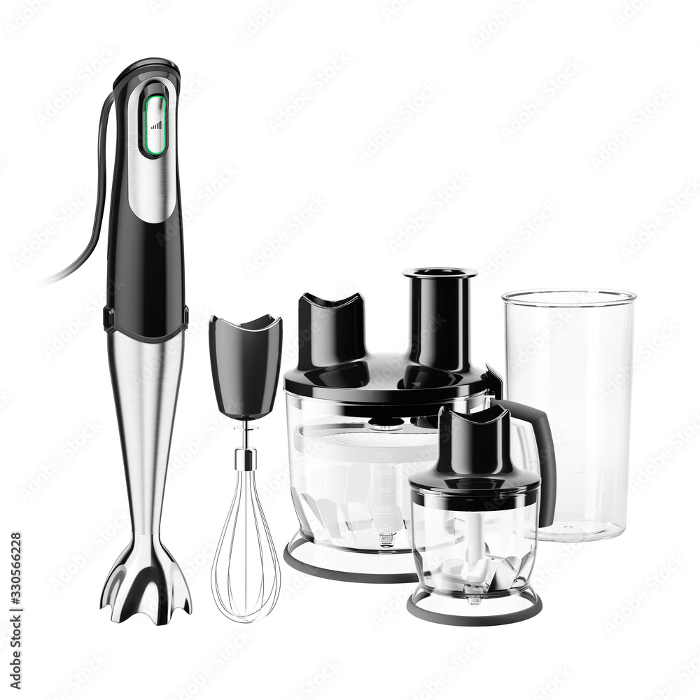 Immersion Hand Blender Isolated. Stainless Steel Stick Blender. Kitchen  Blade Grinder Glass Containers. Domestic Electric Kitchen Small Appliances.  Multifunction Mixer. Smoothie Maker Food Processor Stock Photo