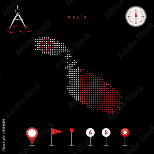 Dotted vector map of Malta painted in the national flag colors. Waving flag effect. Map tools icon set