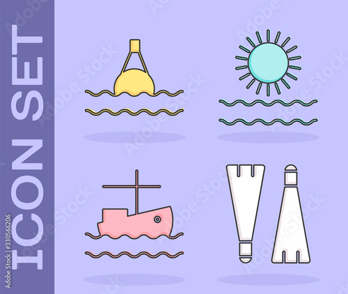 Set Rubber flippers for swimming, Floating buoy on the sea, Fishing boat on water and Sun and waves icon. Vector