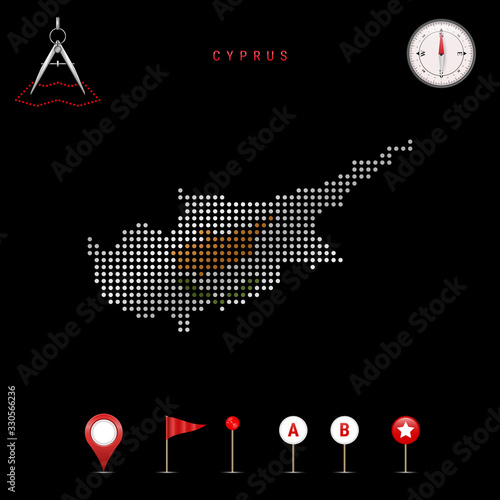 Dotted vector map of Cyprus painted in the national flag colors. Waving flag effect. Map tools icon set