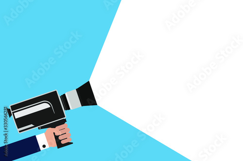 Hand holding a movie camera. Movie camera. Film projector. Cinema festival poster with movie camera. Vector illustration