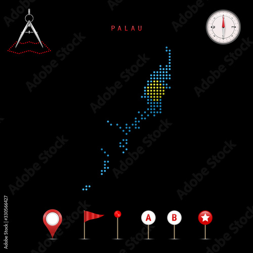 Dotted vector map of Palau painted in the national flag colors. Waving flag effect. Map tools icon set