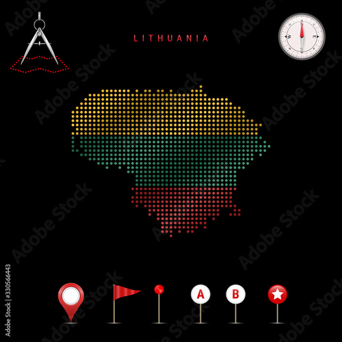 Dotted vector map of Lithuania painted in the national flag colors. Waving flag effect. Map tools icon set