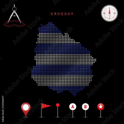 Dotted vector map of Uruguay painted in the national flag colors. Waving flag effect. Map tools icon set