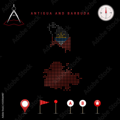 Dotted vector map of Antigua and Barbuda painted in the national flag colors. Waving flag effect. Map tools icon set