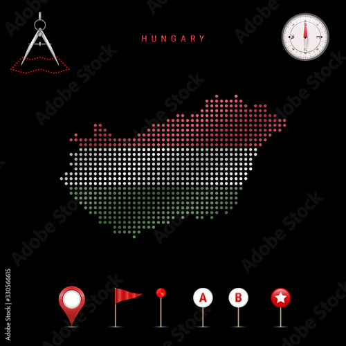 Dotted vector map of Hungary painted in the national flag colors. Waving flag effect. Map tools icon set