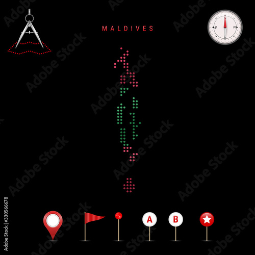 Dotted vector map of Maldives painted in the national flag colors. Waving flag effect. Map tools icon set