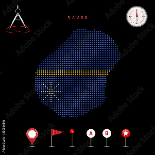 Dotted vector map of Nauru painted in the national flag colors. Waving flag effect. Map tools icon set