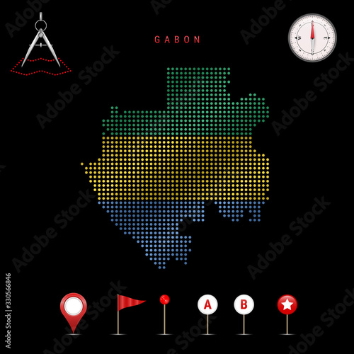 Dotted vector map of Gabon painted in the national flag colors. Waving flag effect. Map tools icon set