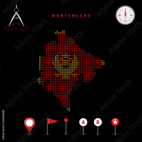Dotted vector map of Montenegro painted in the national flag colors. Waving flag effect. Map tools icon set