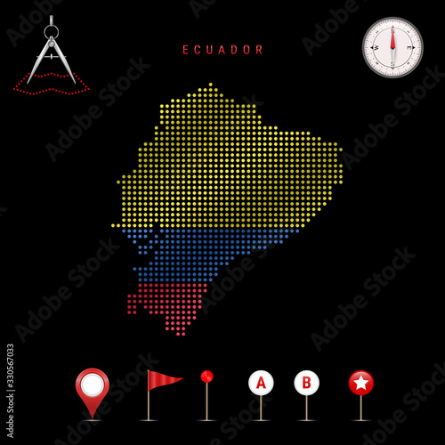 Dotted vector map of Ecuador painted in the national flag colors. Waving flag effect. Map tools icon set