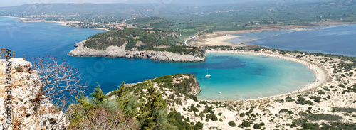 Panoramic view of bay and lagoon Voidokoilia from fortress Palaikastro in Peloponnese Greece