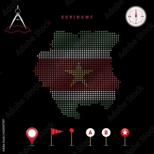 Dotted vector map of Suriname painted in the national flag colors. Waving flag effect. Map tools icon set