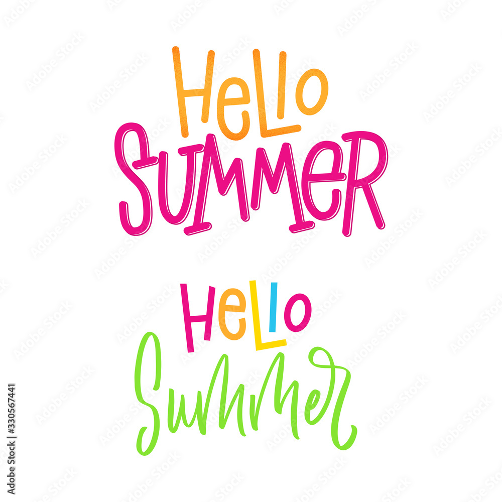 Hello Summer-set of two signs. Hand lettering sign for store. Vector typographic design element for banner, social media, card, print, poster. Hello Summer-set of two signs. Hand lettering sign for store. Vector typographic design element for banner, social media, card, print, poster.
