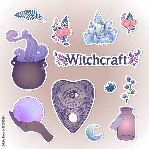 Witchcraft set. Ouija planchette , cauldron, crystal ball, poison bottle, herbs and flowers Alchemy, tattoo art, t-shirt design, sticker, magic book. Vector. Illustration.