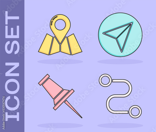 Set Route location, Folded map with location marker, Push pin and Paper airplane icon. Vector