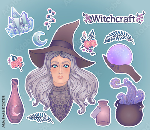 Witchcraft set. Pretty witch in magic hat, ouija planchette , cauldron, crystal ball, poison bottle, herbs and flowers Alchemy, tattoo art, t-shirt design, sticker, magic book. Vector. Illustration.