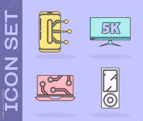 Set Music player, Smartphone, mobile phone, Laptop and Monitor display with 5k video icon. Vector